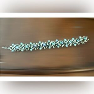 1950’s Mid Century Aqua Rhinestone Statement Bracelet  in a  Silver Setting, 7”